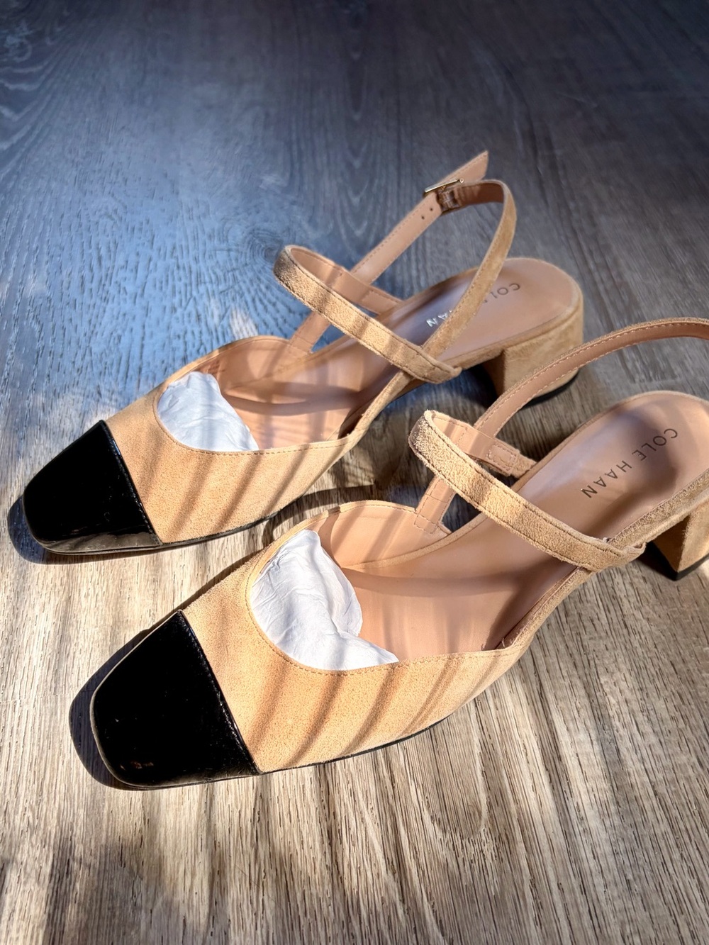 Cole Haan Two-Tone Slingback Flats in Beige Suede and Black